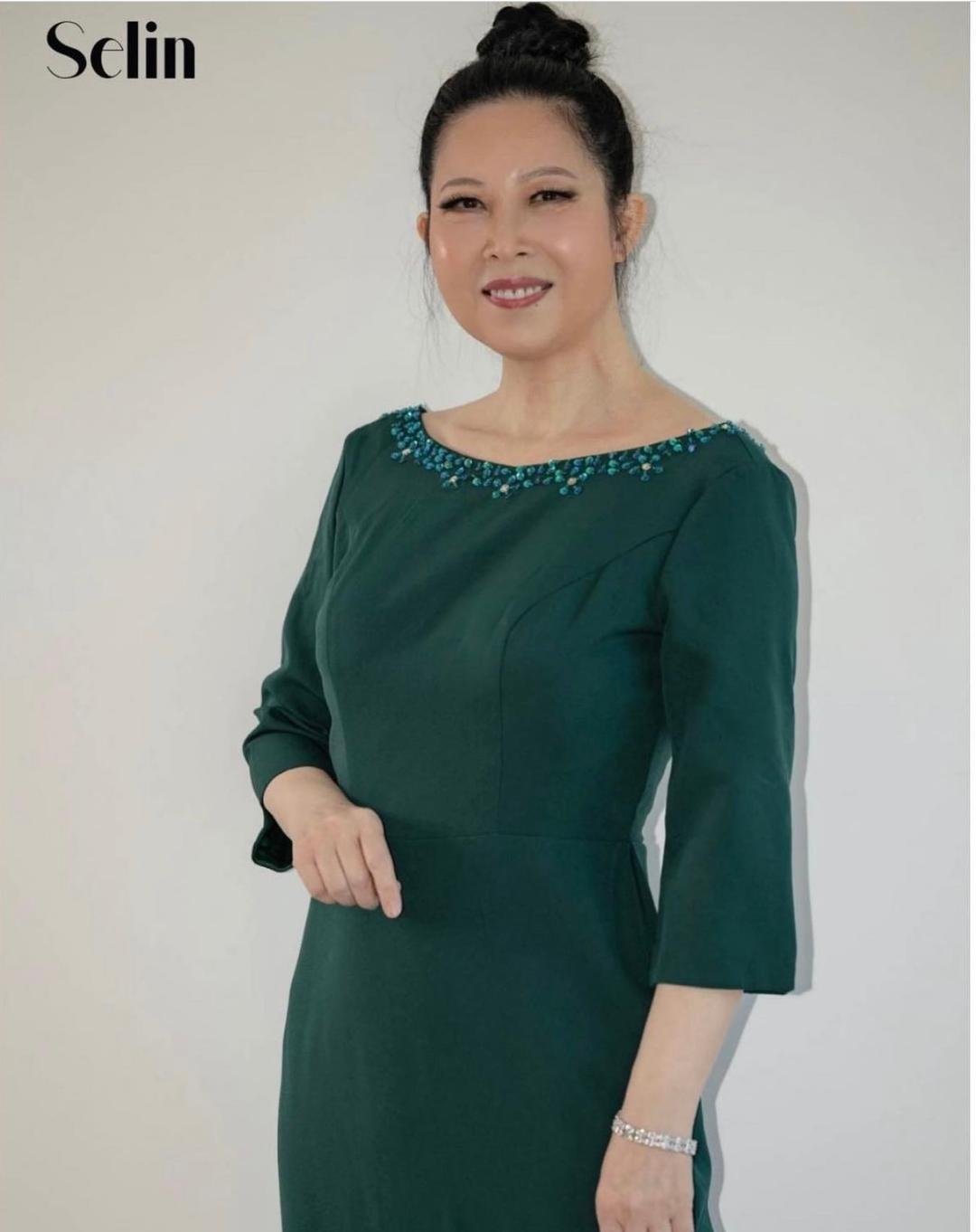 Banok Dream Gown full-length emerald green custom evening gown studio session modeled by Jane Xu