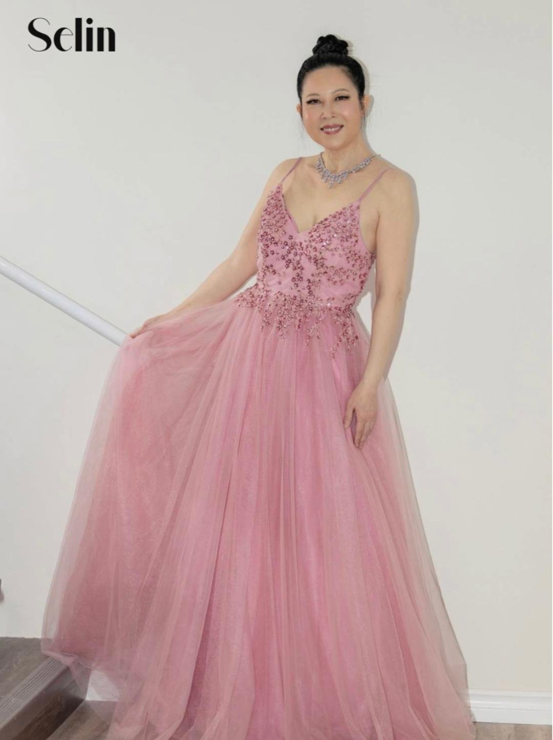 Banok Dream Gown blush pink beaded custom couture ballgown featured in Selin Magazine modeled by Jane Xu