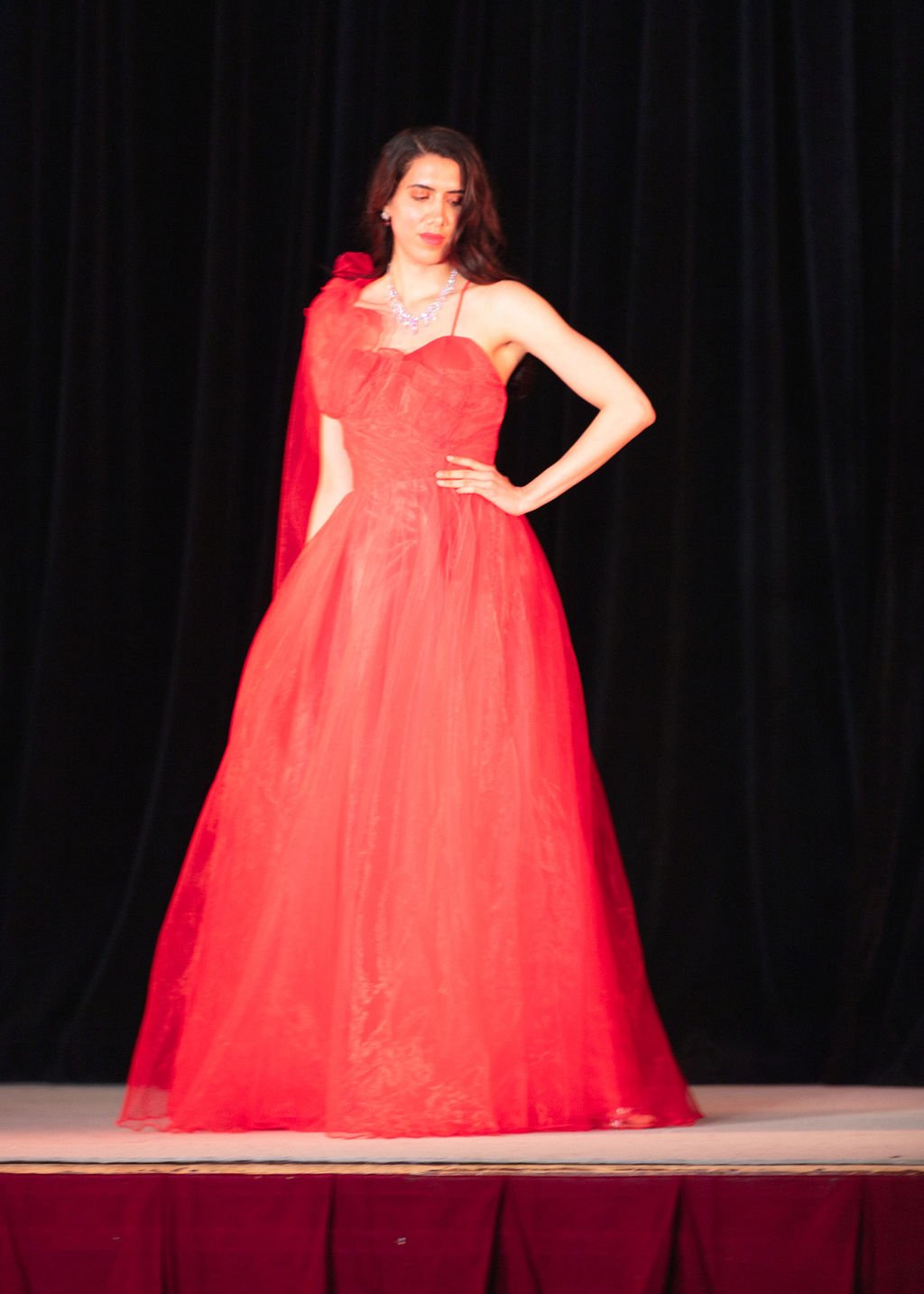 Banok Dream Gown custom red tulle evening dress featured on VIFF fashion show runway modeled by Miss Canada